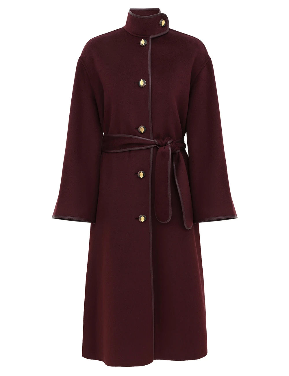 Wool Belted Coat with Leather Trim & Gold Buttons