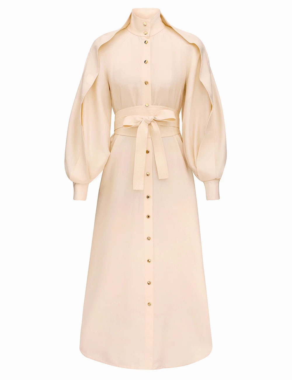 Balloon Sleeve Belted Shirt Midi Dress