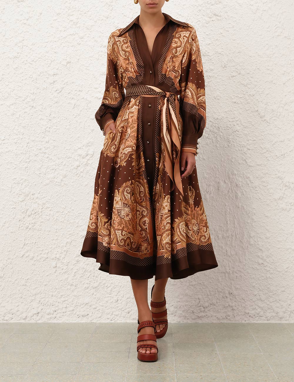 Paisley Print Belted Shirt Maxi Dress