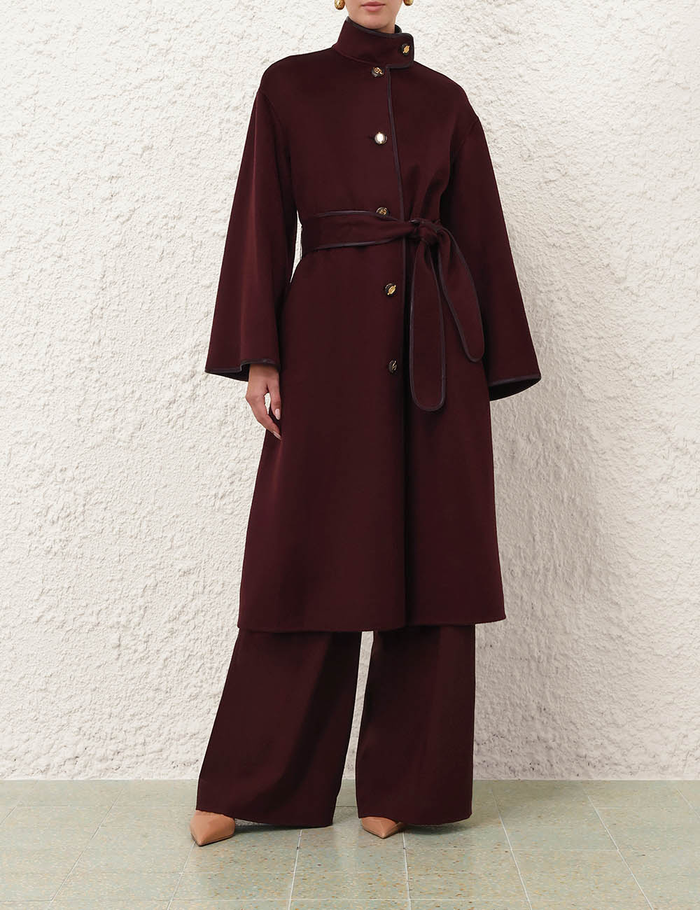 Wool Belted Coat with Leather Trim & Gold Buttons