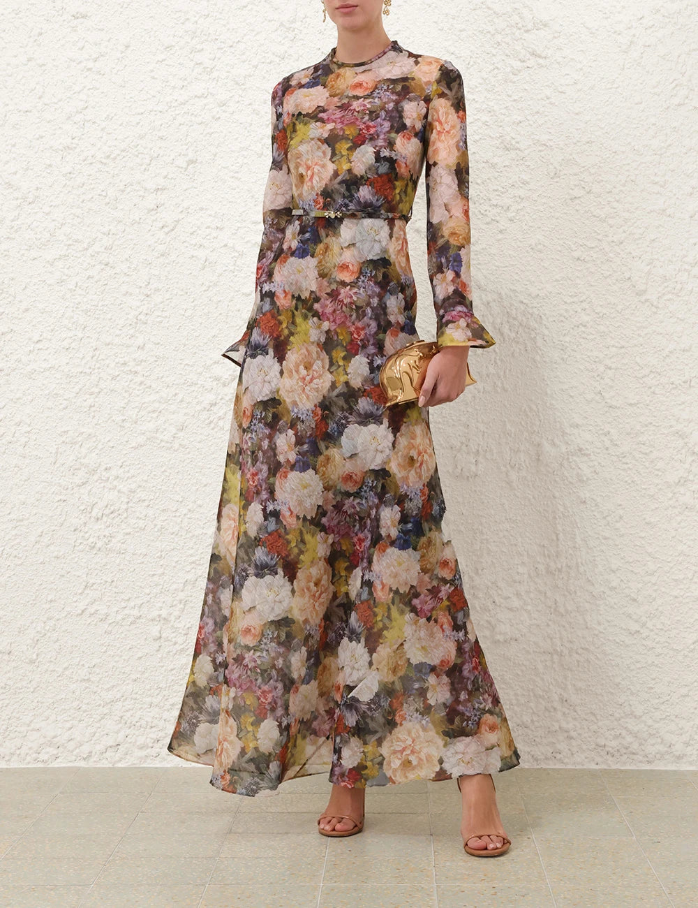 Old Master Floral Chiffon Maxi Dress with Belt