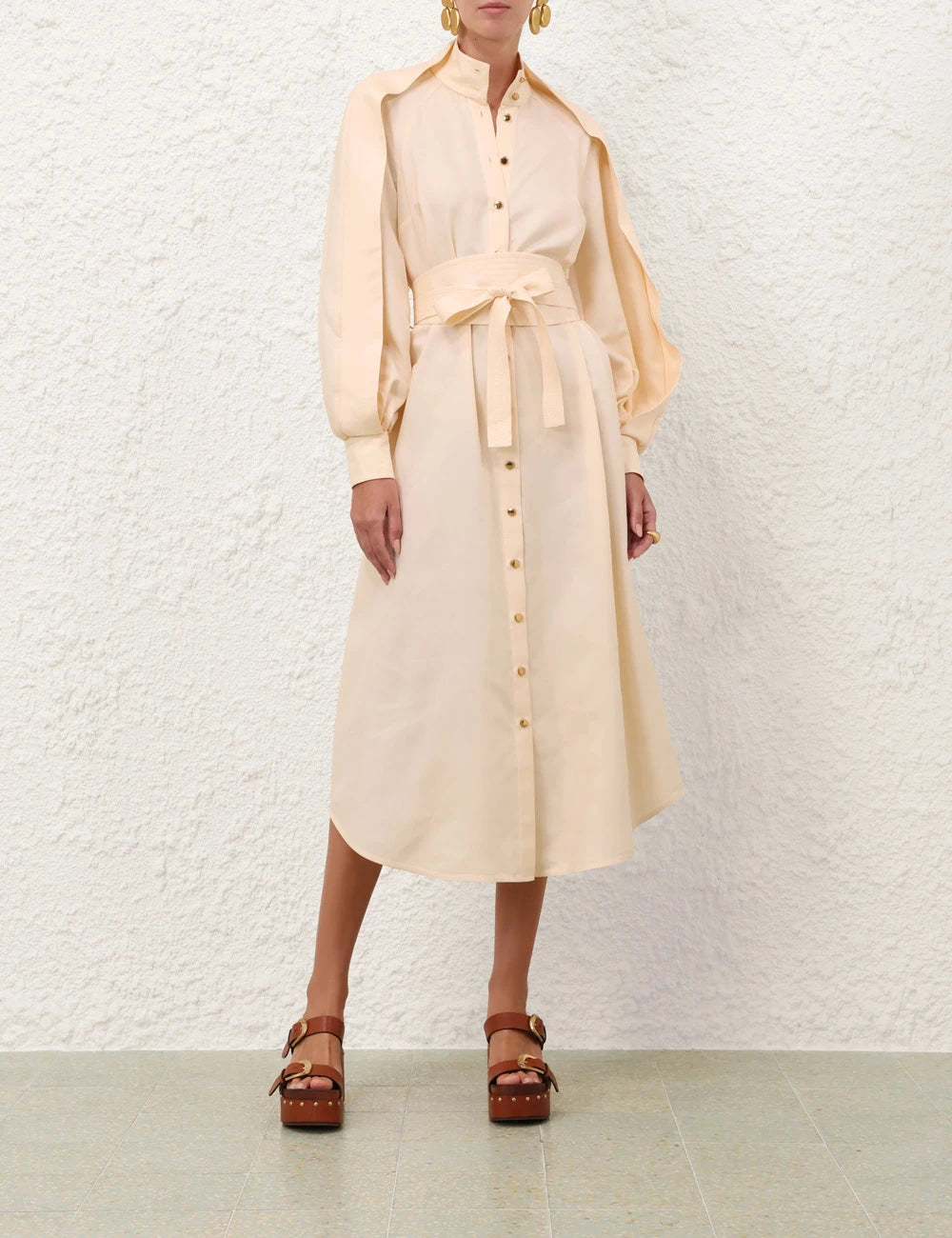 Balloon Sleeve Belted Shirt Midi Dress
