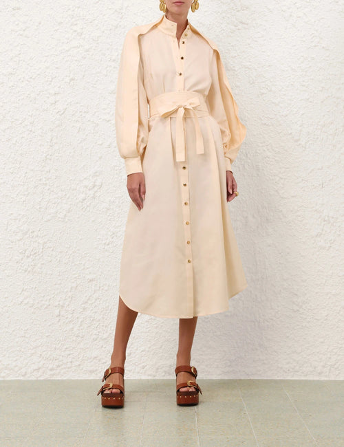 Balloon Sleeve Belted Shirt Midi Dress