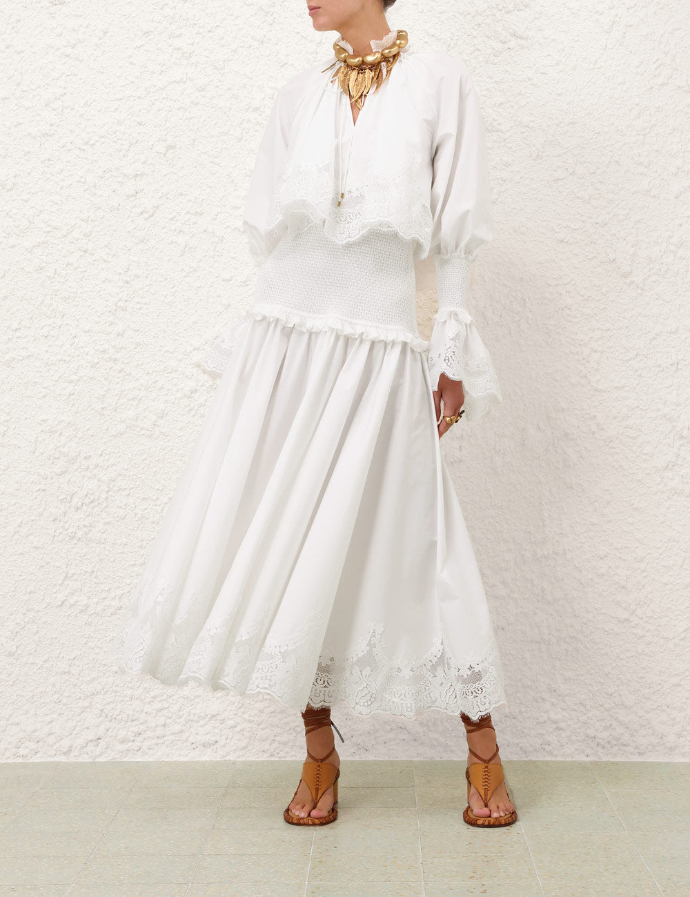 Lace Trim Broderie Midi Dress