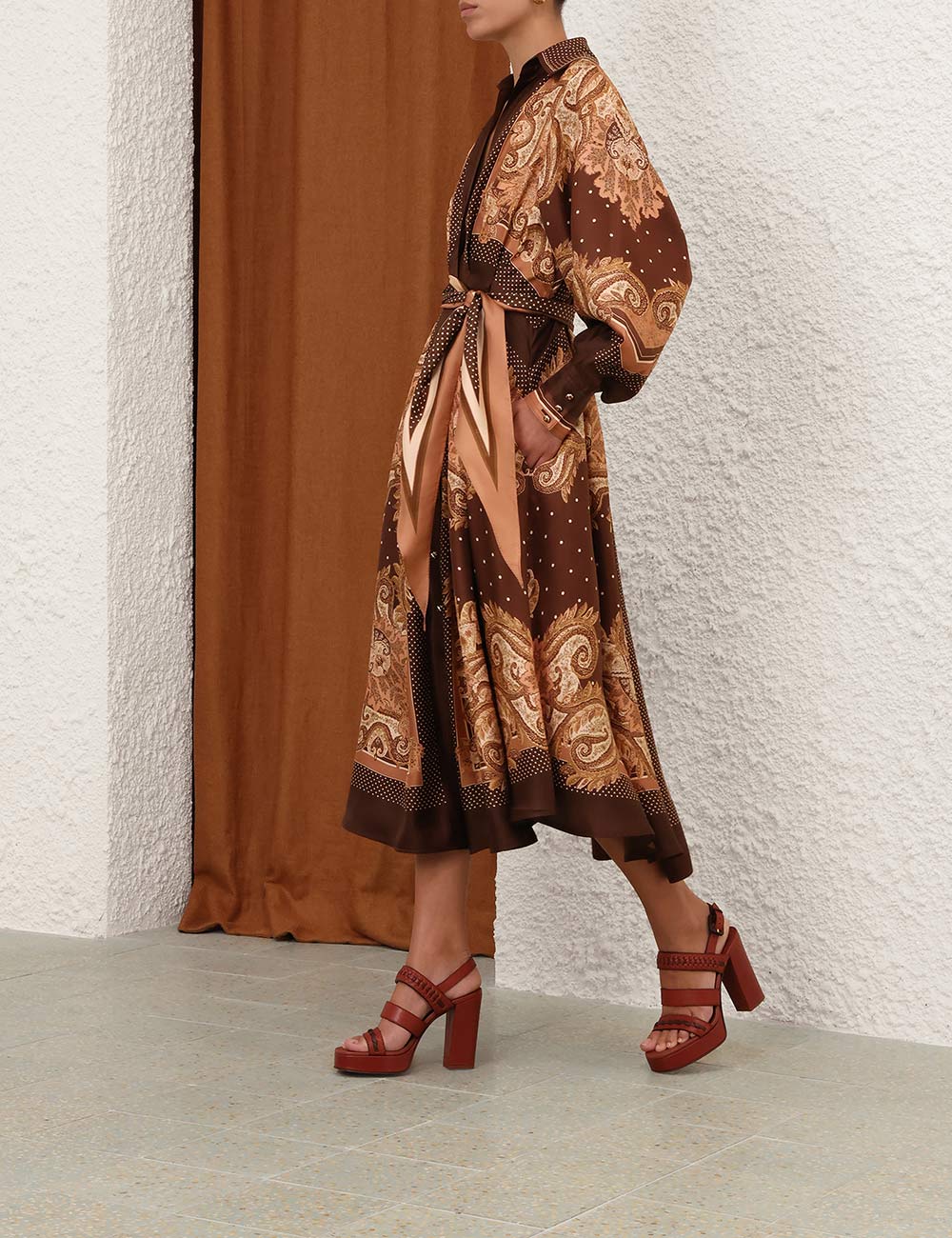 Paisley Print Belted Shirt Maxi Dress