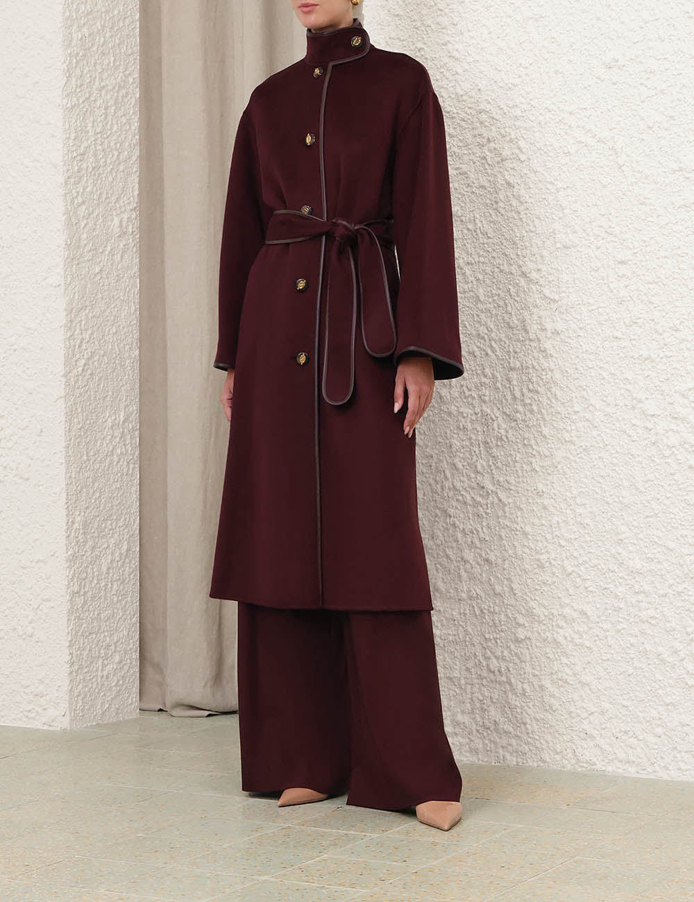 Wool Belted Coat with Leather Trim & Gold Buttons