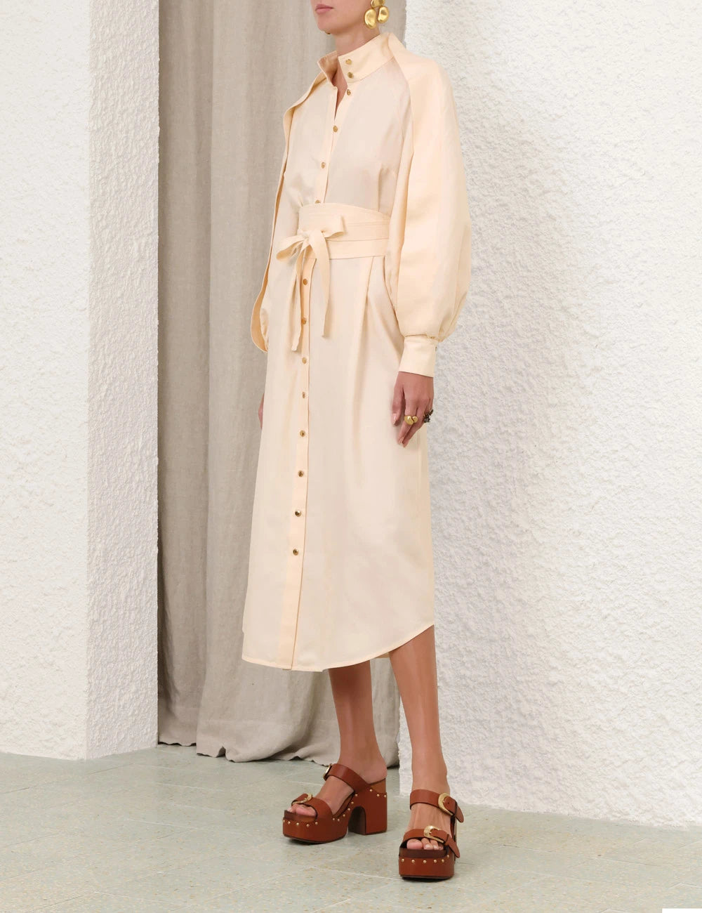 Balloon Sleeve Belted Shirt Midi Dress