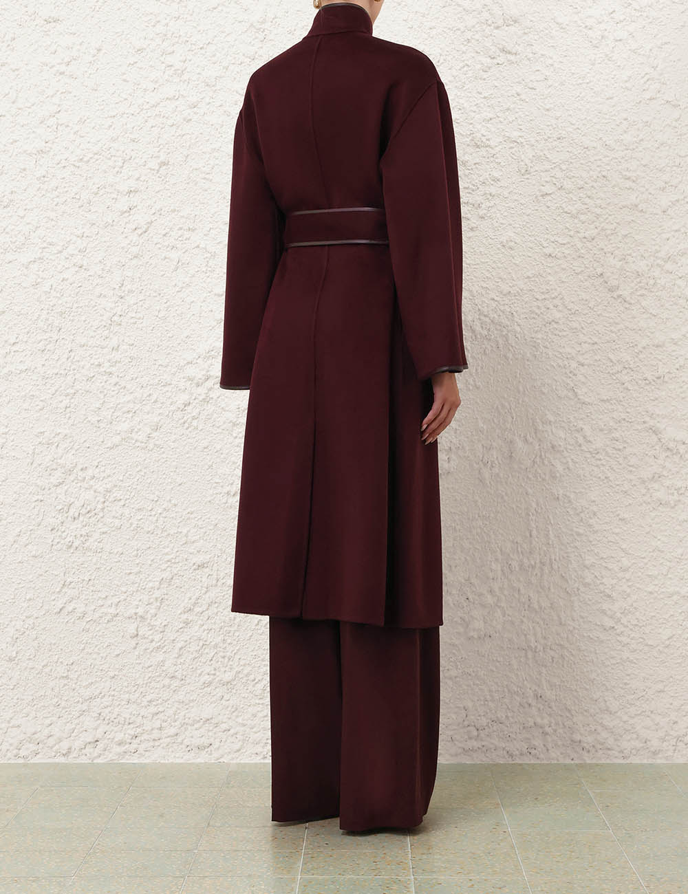 Wool Belted Coat with Leather Trim & Gold Buttons
