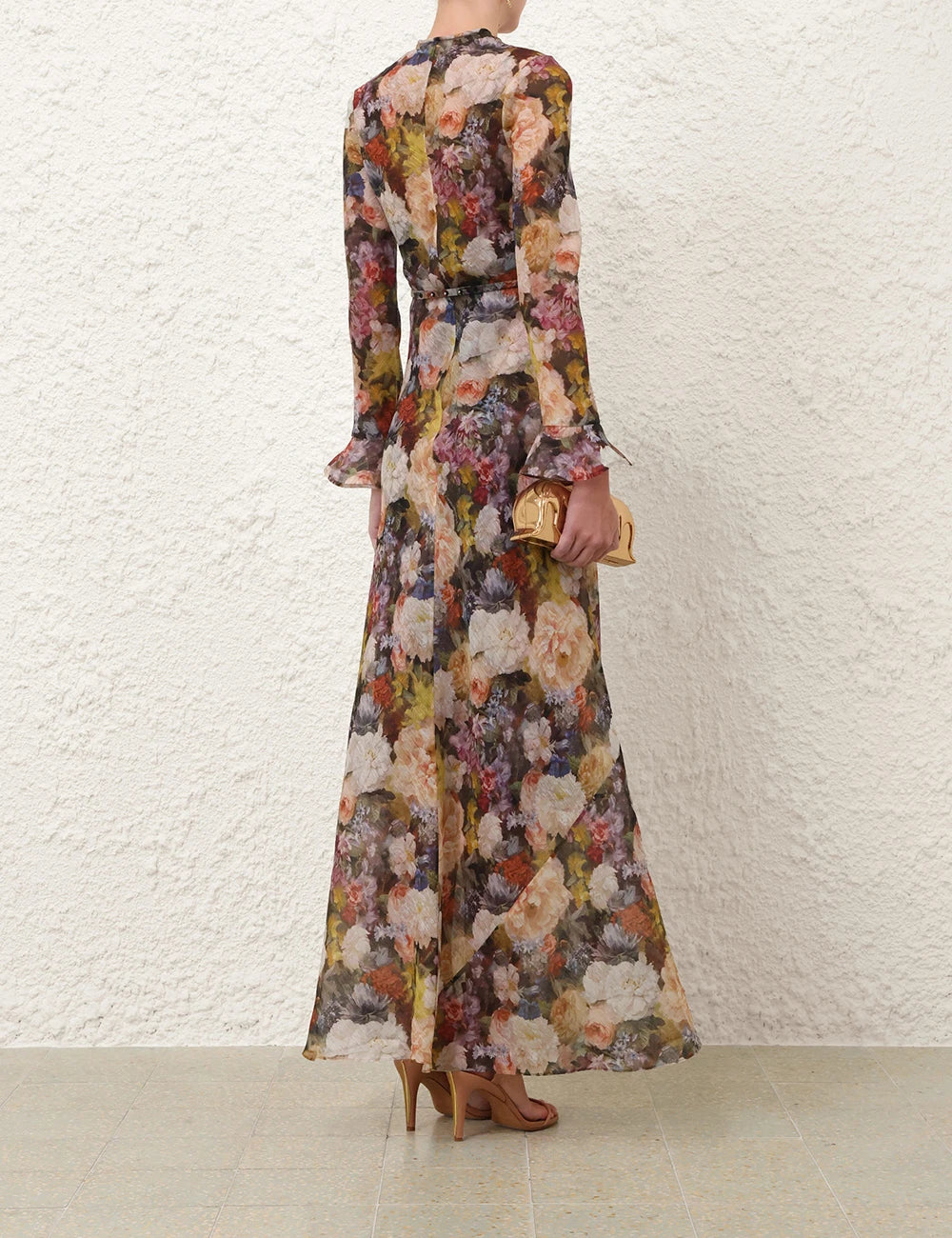 Old Master Floral Chiffon Maxi Dress with Belt