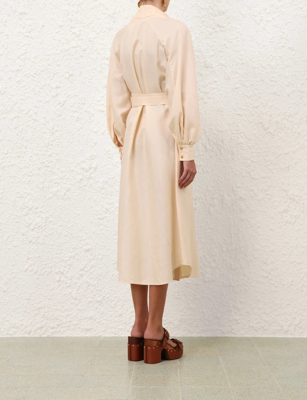 Balloon Sleeve Belted Shirt Midi Dress