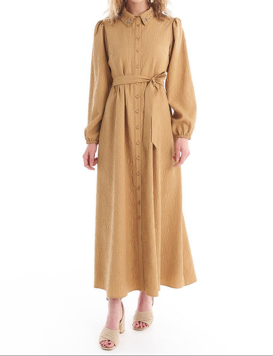 The Amber Jacquard Crystal-Collar Maxi Dress