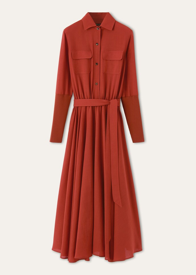 Belted Shirt Midi Dress in Rust