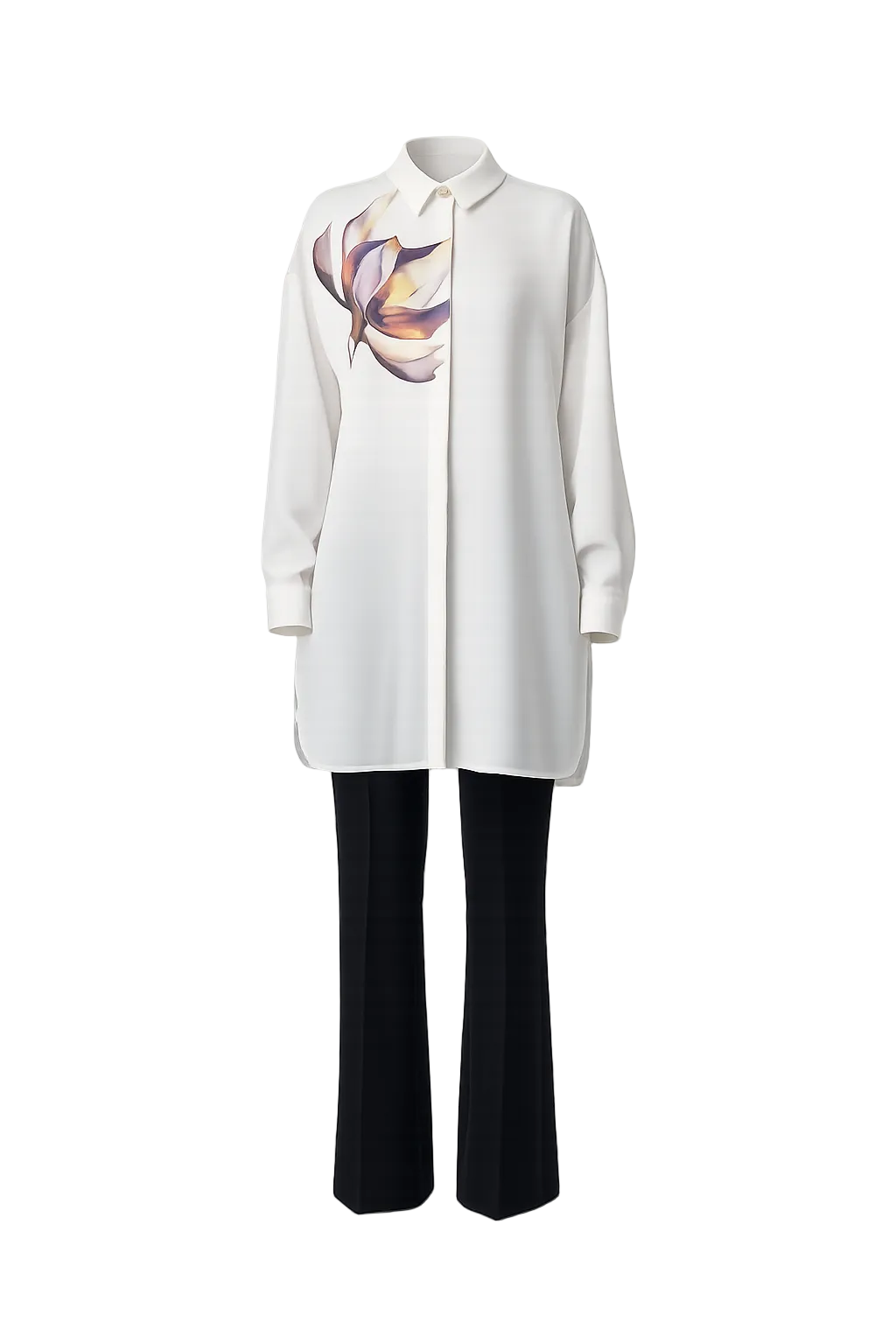 Elisha Floral Bloom Coord Set — Ivory Longline Kurti & Black Flare Trouser