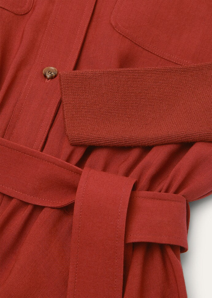 Belted Shirt Midi Dress in Rust