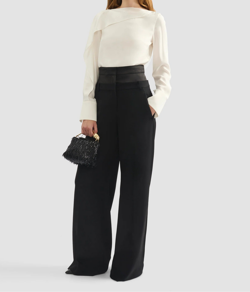 Satin Waistband Wide-Leg Trousers