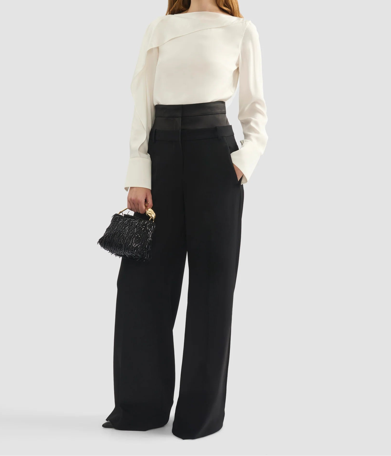 Satin Waistband Wide-Leg Trousers