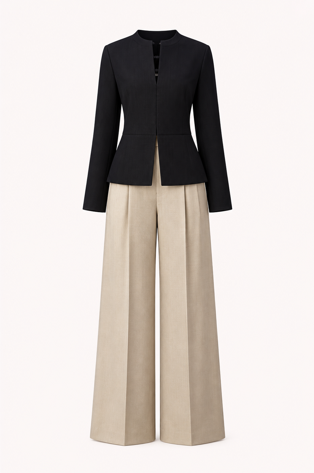 Black Peplum Jacket & Sand Wide-Leg Trouser Set