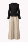 Black Peplum Jacket & Sand Wide-Leg Trouser Set