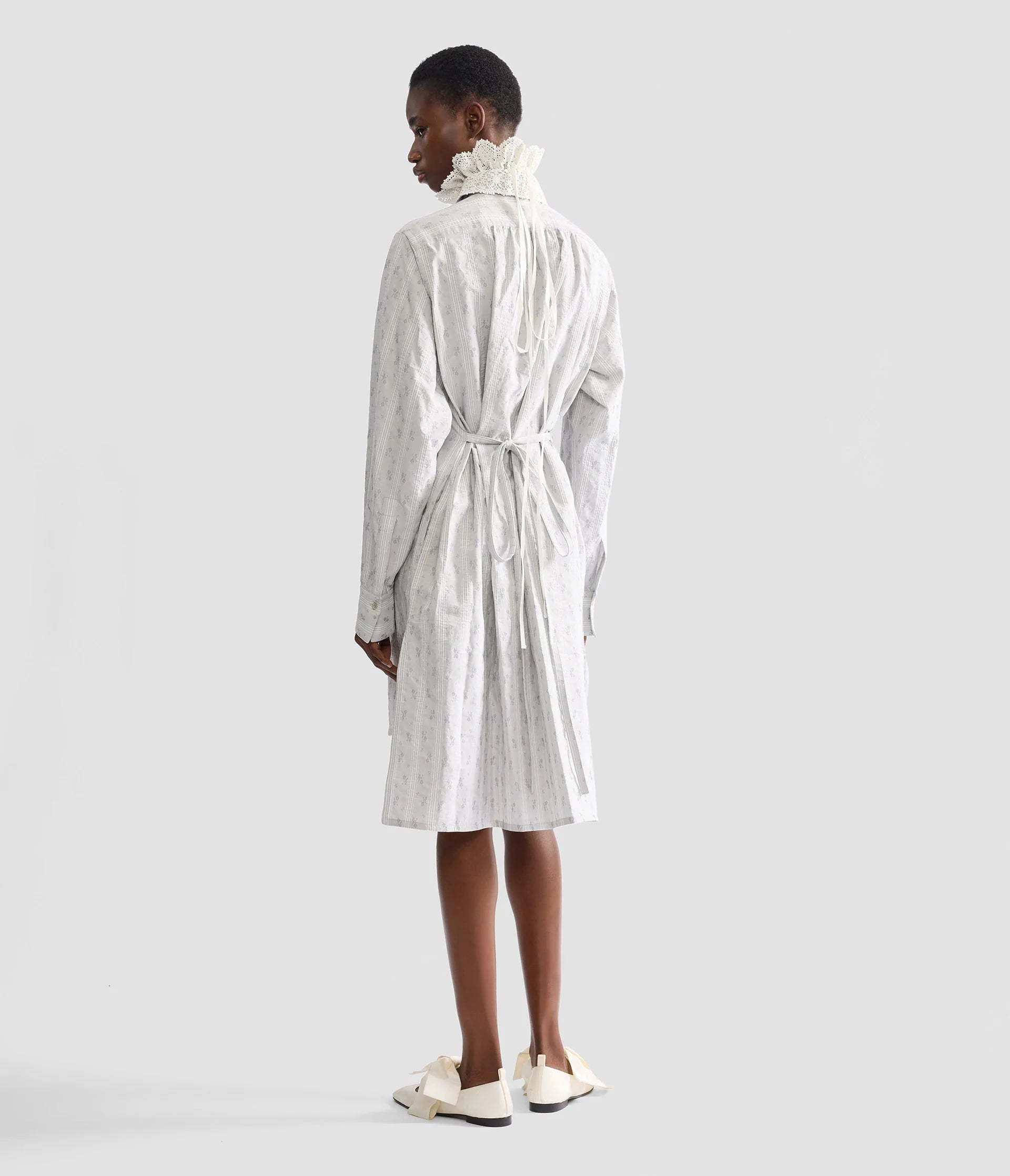Striped Floral Shirt Dress with Lace Collar & Organza Hem