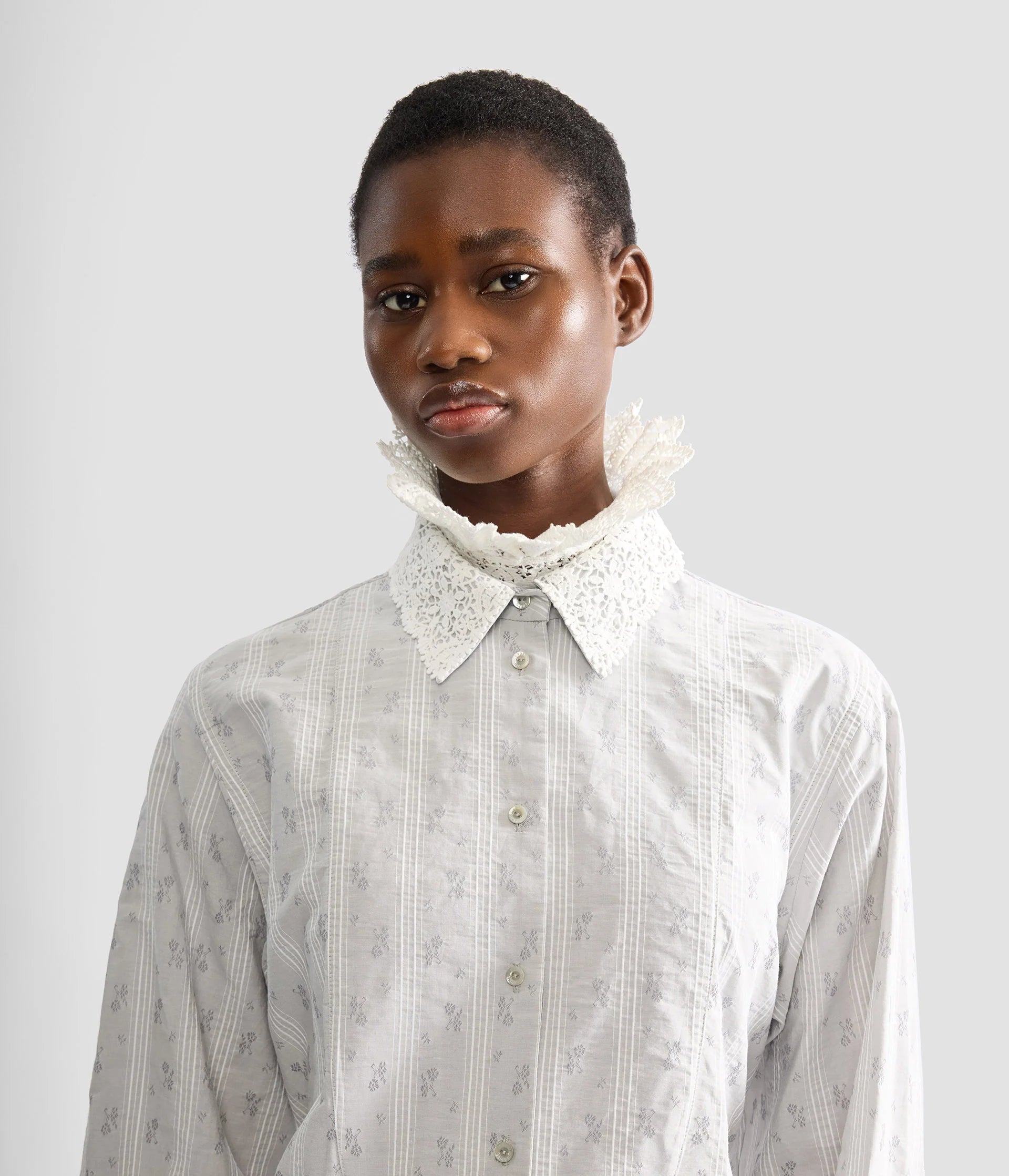 Striped Floral Shirt Dress with Lace Collar & Organza Hem