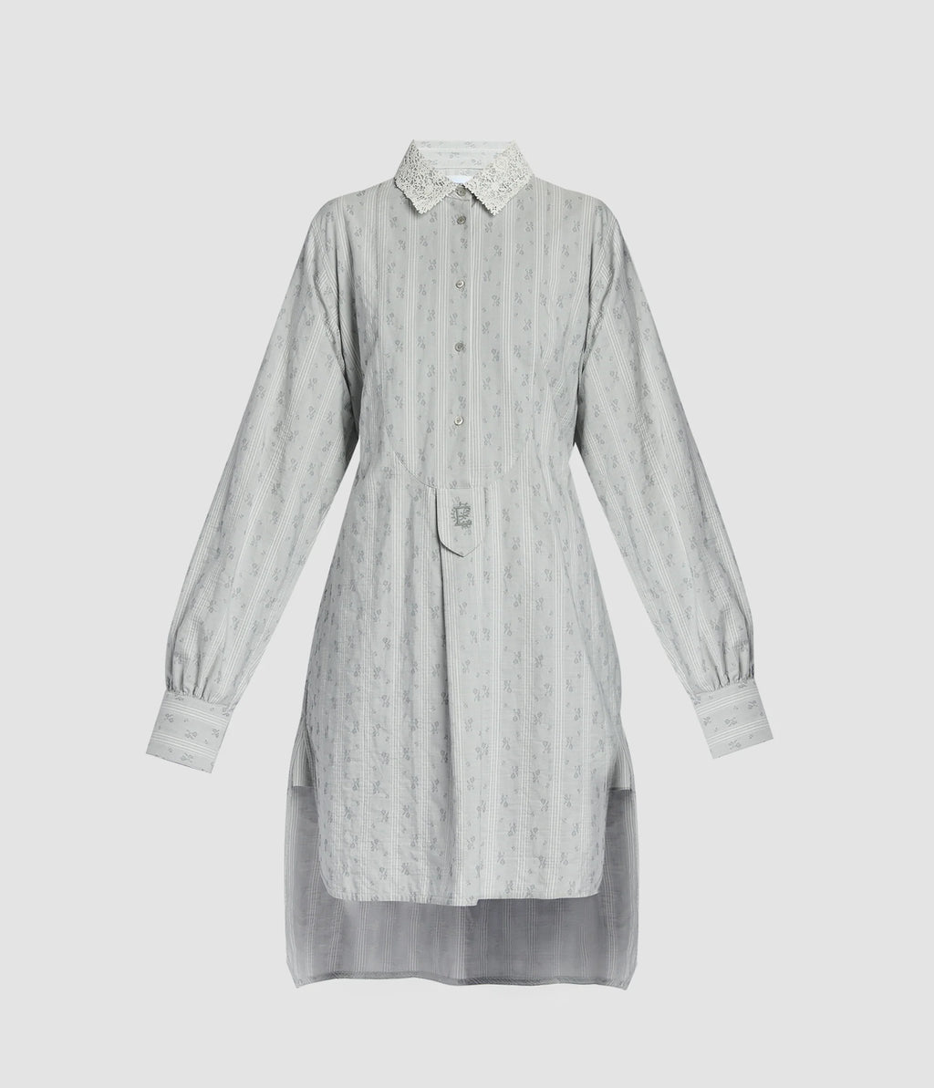 Striped Floral Shirt Dress with Lace Collar & Organza Hem