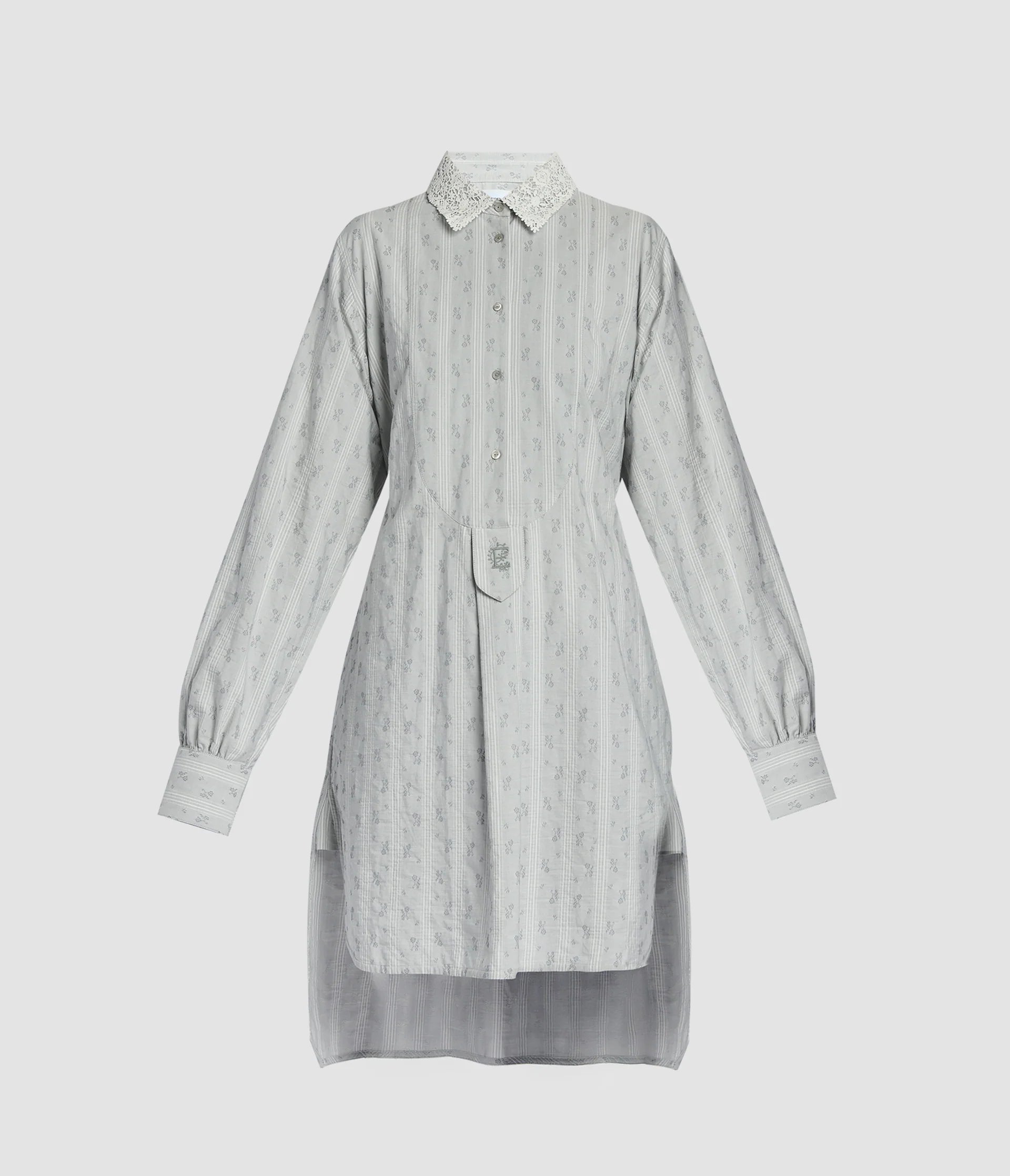 Striped Floral Shirt Dress with Lace Collar & Organza Hem
