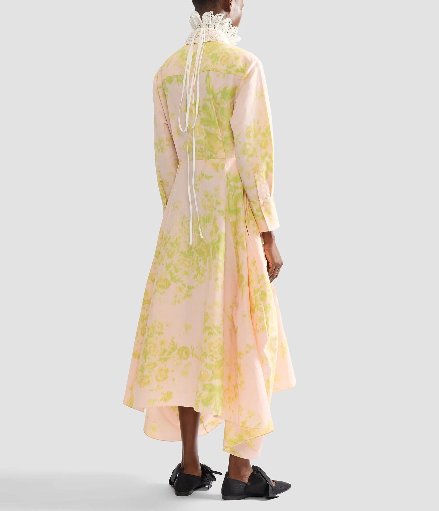 Floral Jacquard Midi Dress with Lace Collar & Crown Embroidery