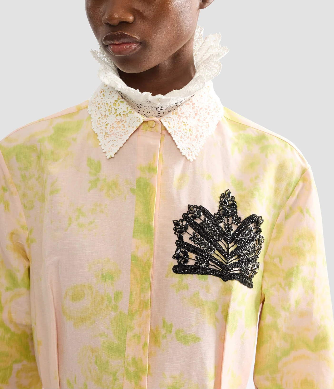 Floral Jacquard Midi Dress with Lace Collar & Crown Embroidery