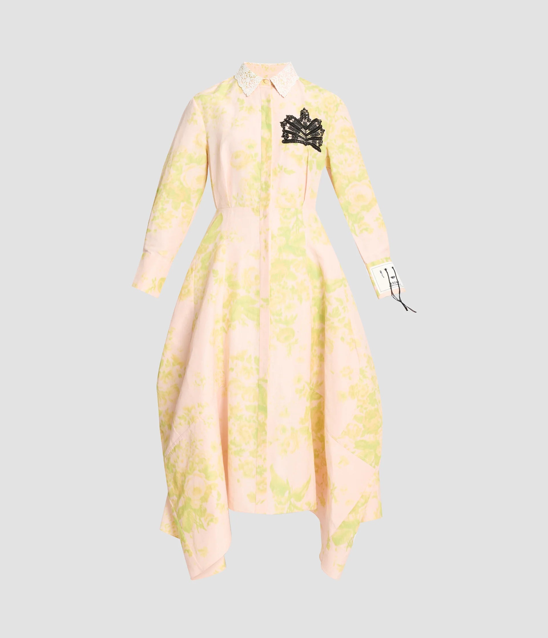 Floral Jacquard Midi Dress with Lace Collar & Crown Embroidery