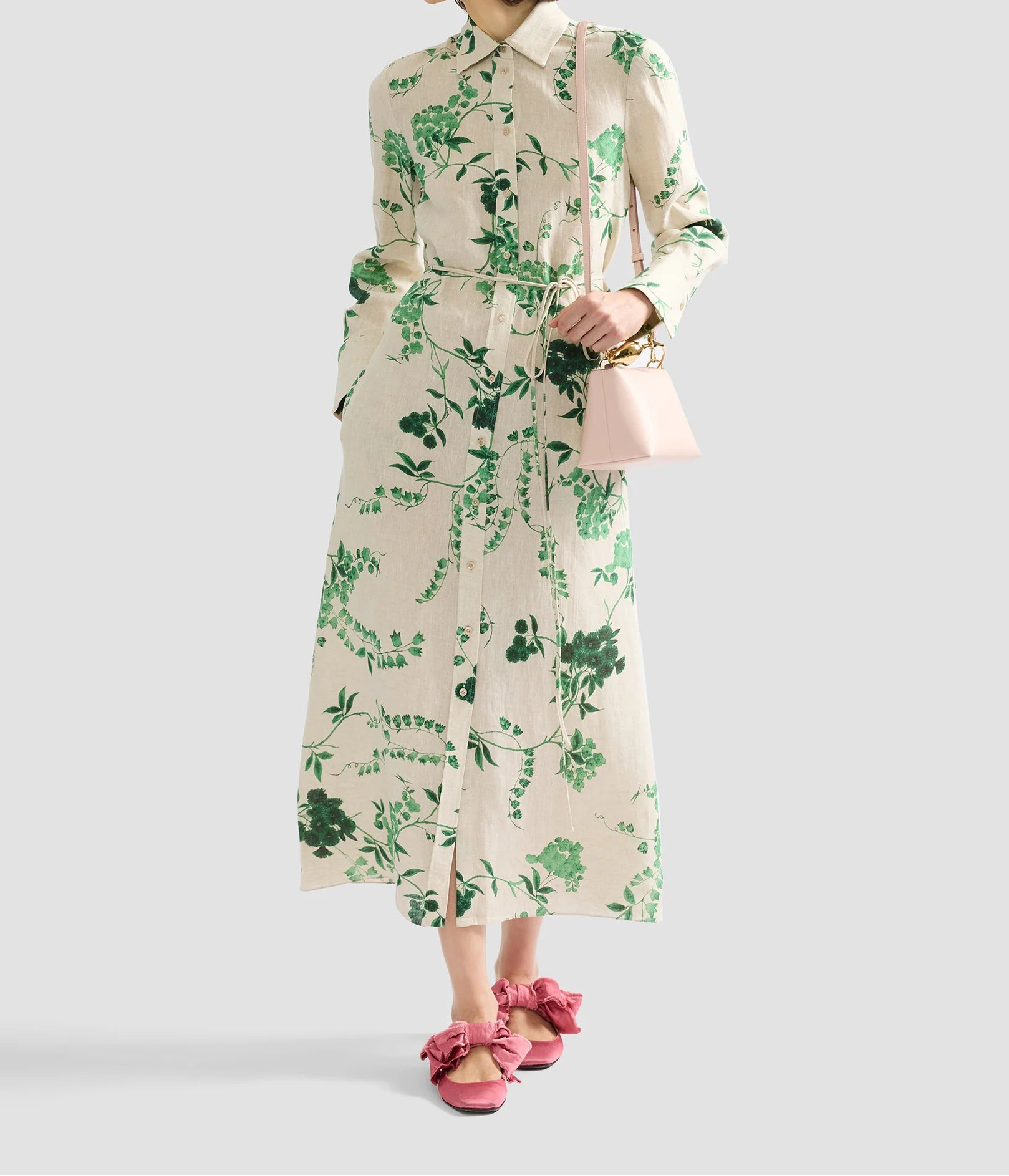 Botanical Print Linen Shirt Dress with Tie Waist