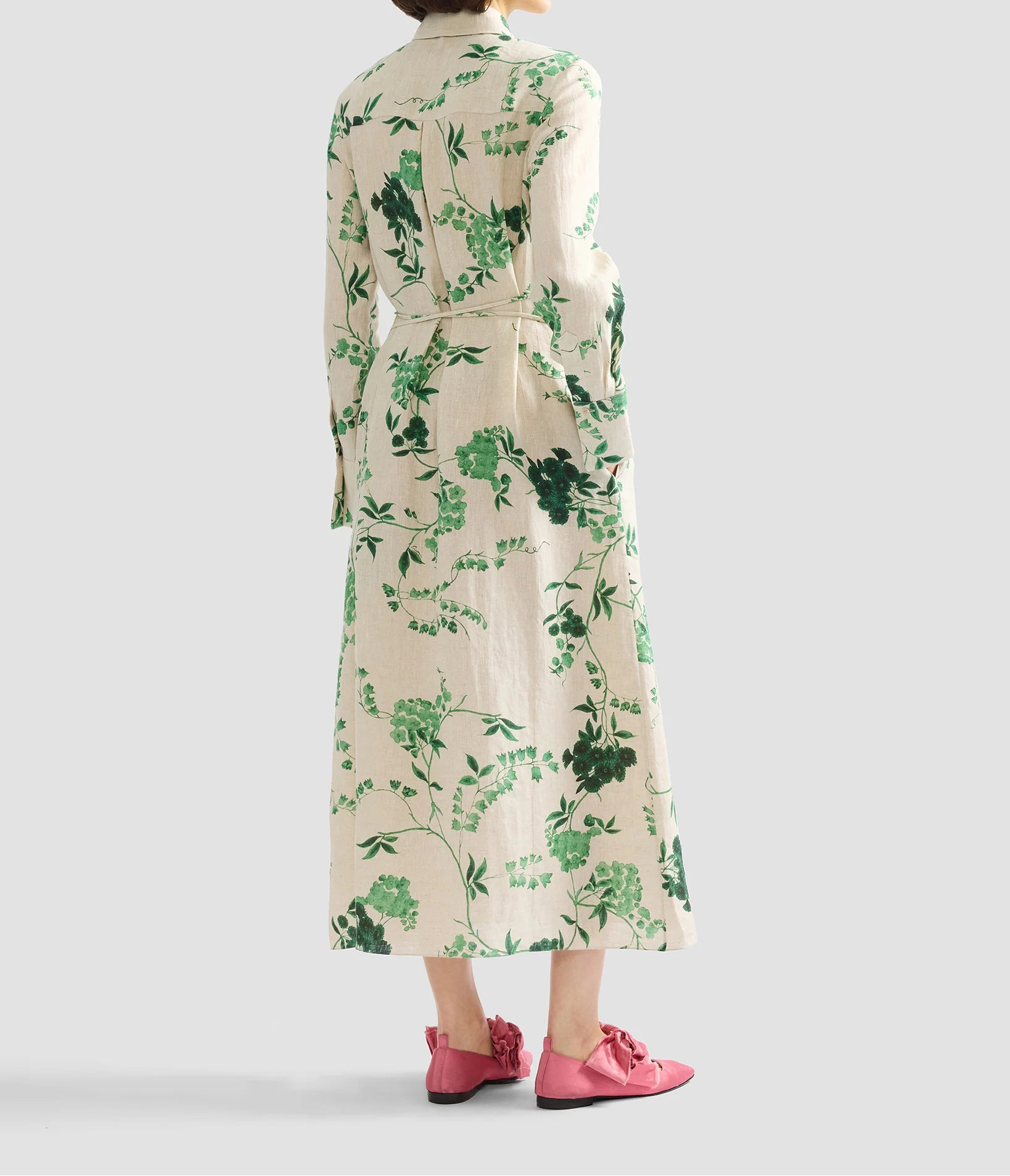 Botanical Print Linen Shirt Dress with Tie Waist