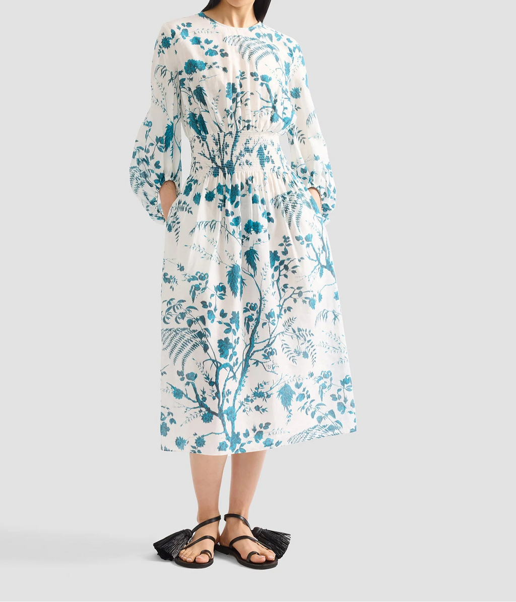 Botanical Toile Smocked Midi Dress