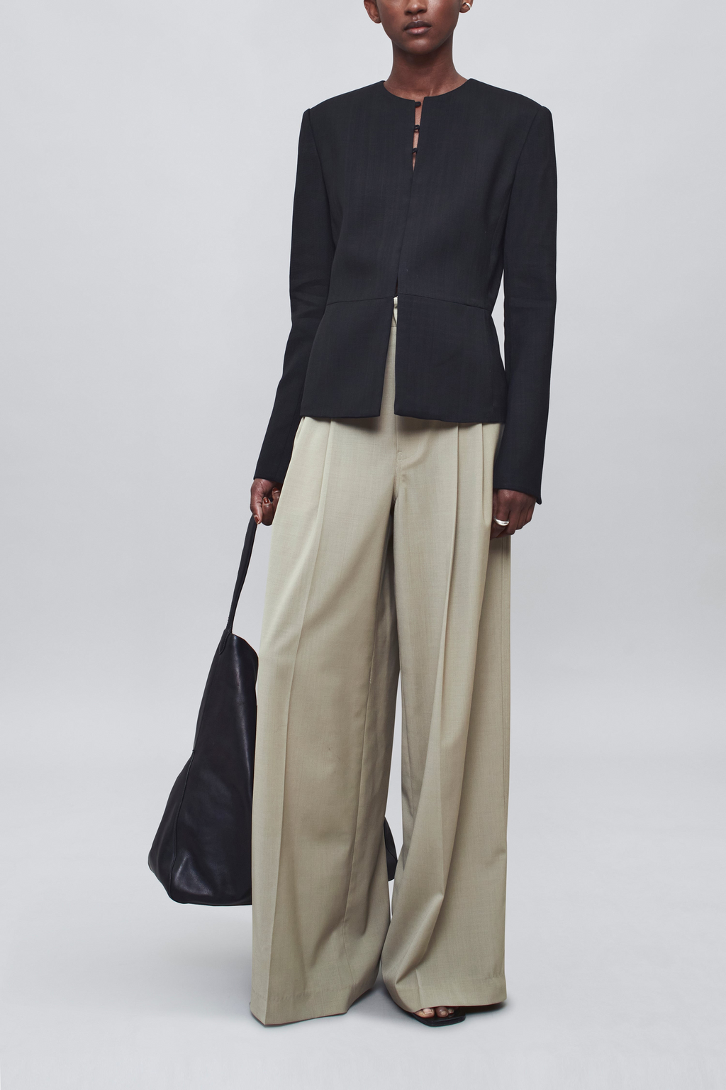 Black Peplum Jacket & Sand Wide-Leg Trouser Set