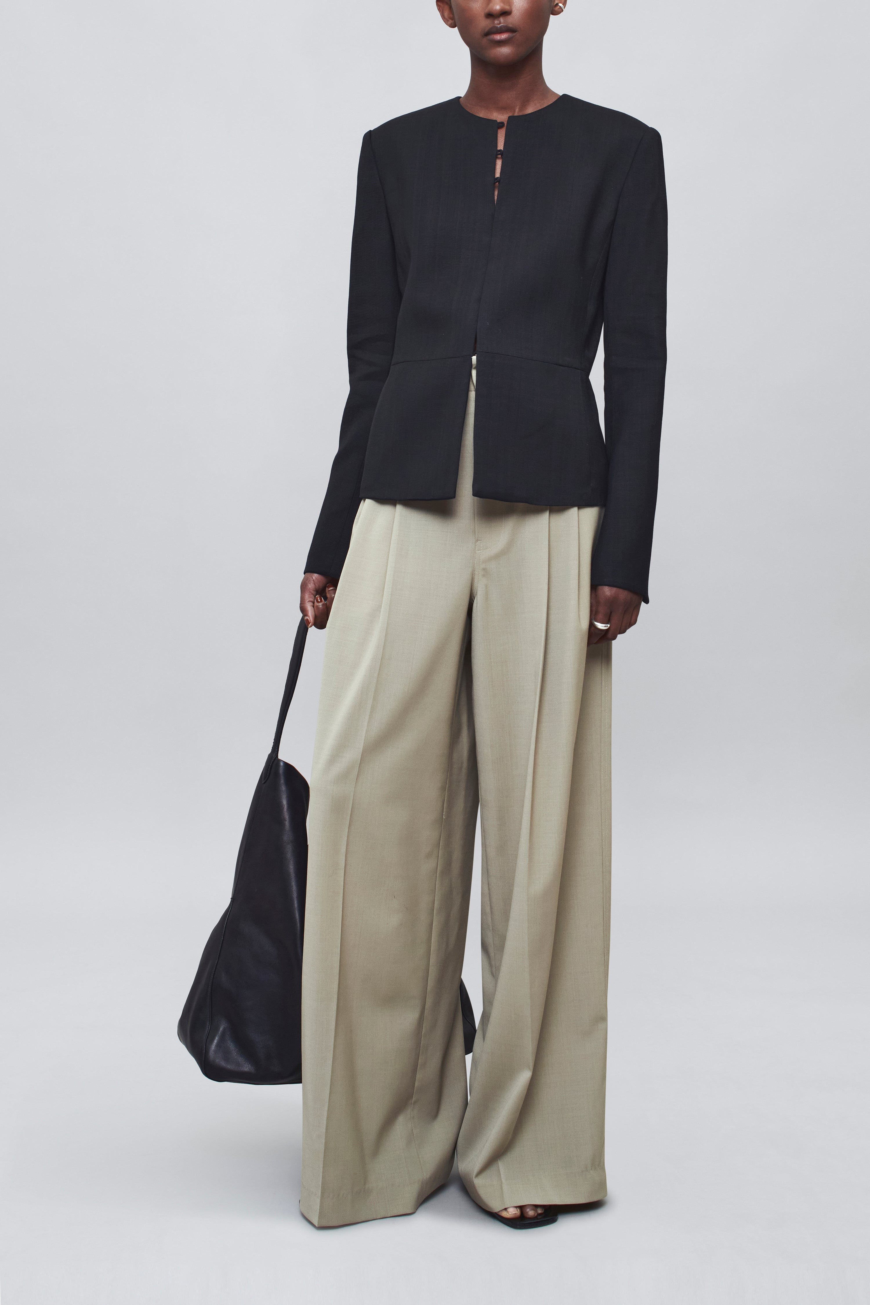 Black Peplum Jacket & Sand Wide-Leg Trouser Set