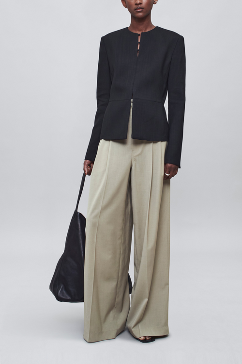 Black Peplum Jacket & Sand Wide-Leg Trouser Set
