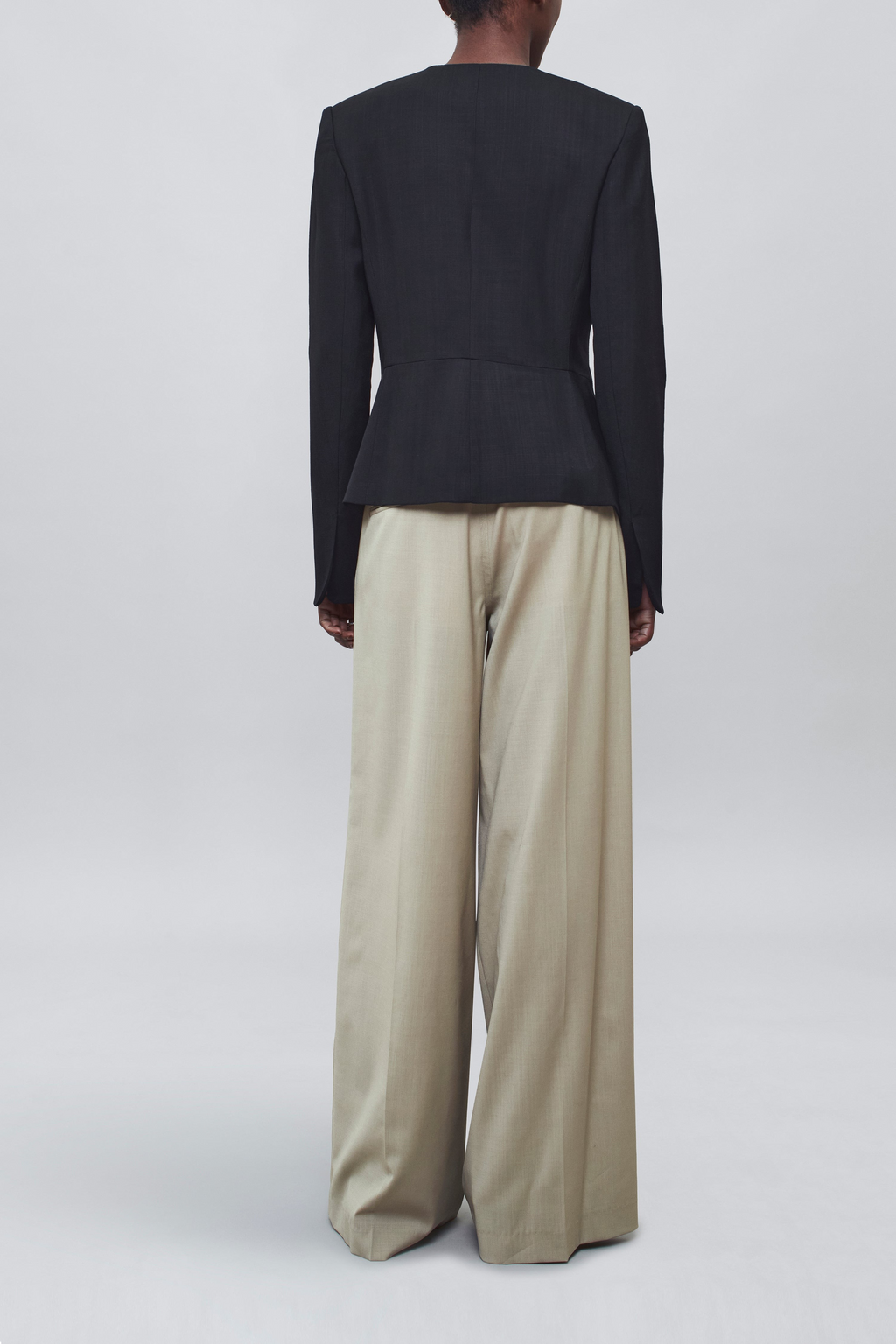 Black Peplum Jacket & Sand Wide-Leg Trouser Set