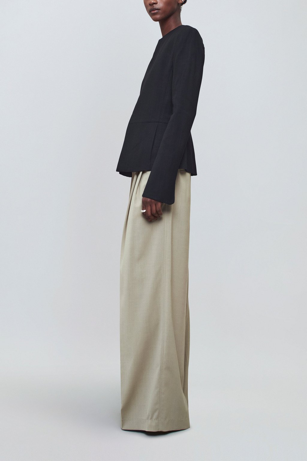 Black Peplum Jacket & Sand Wide-Leg Trouser Set